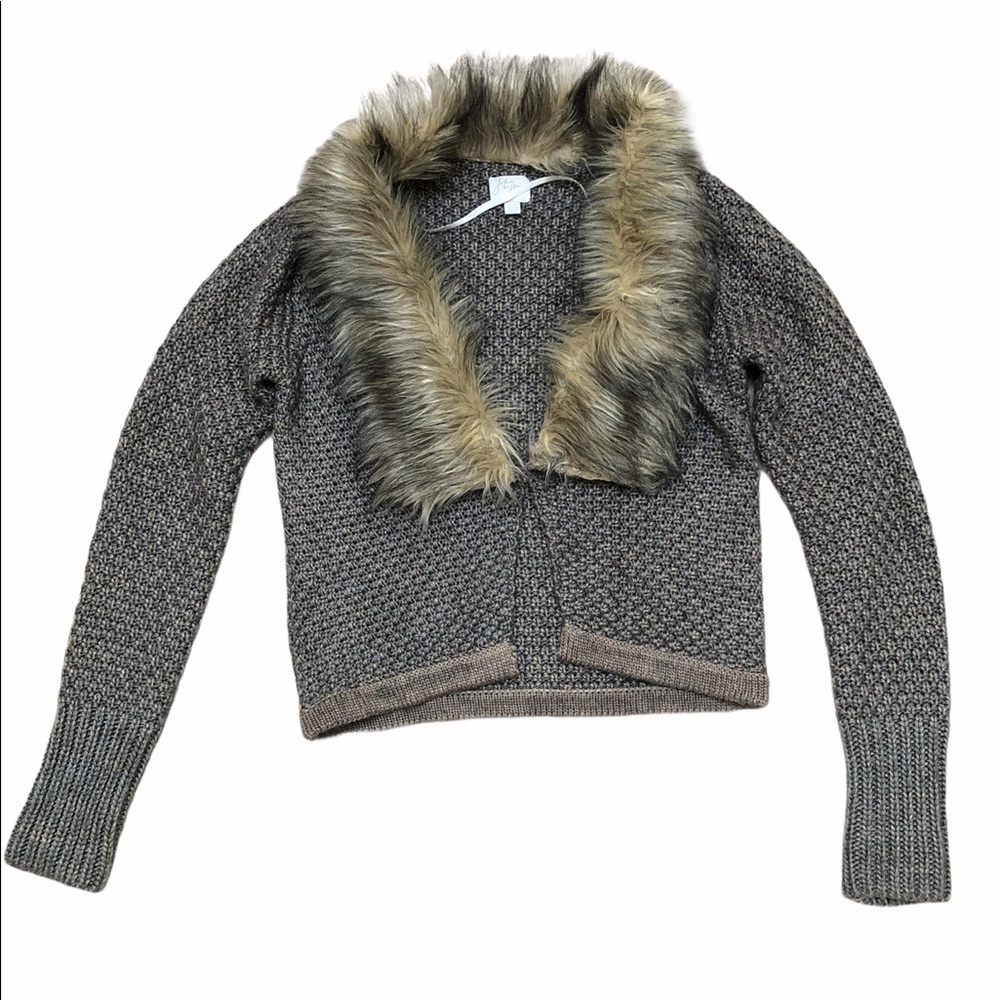 John&Jenn Faux Fur Sweater Cardigan Gray Knit Lg